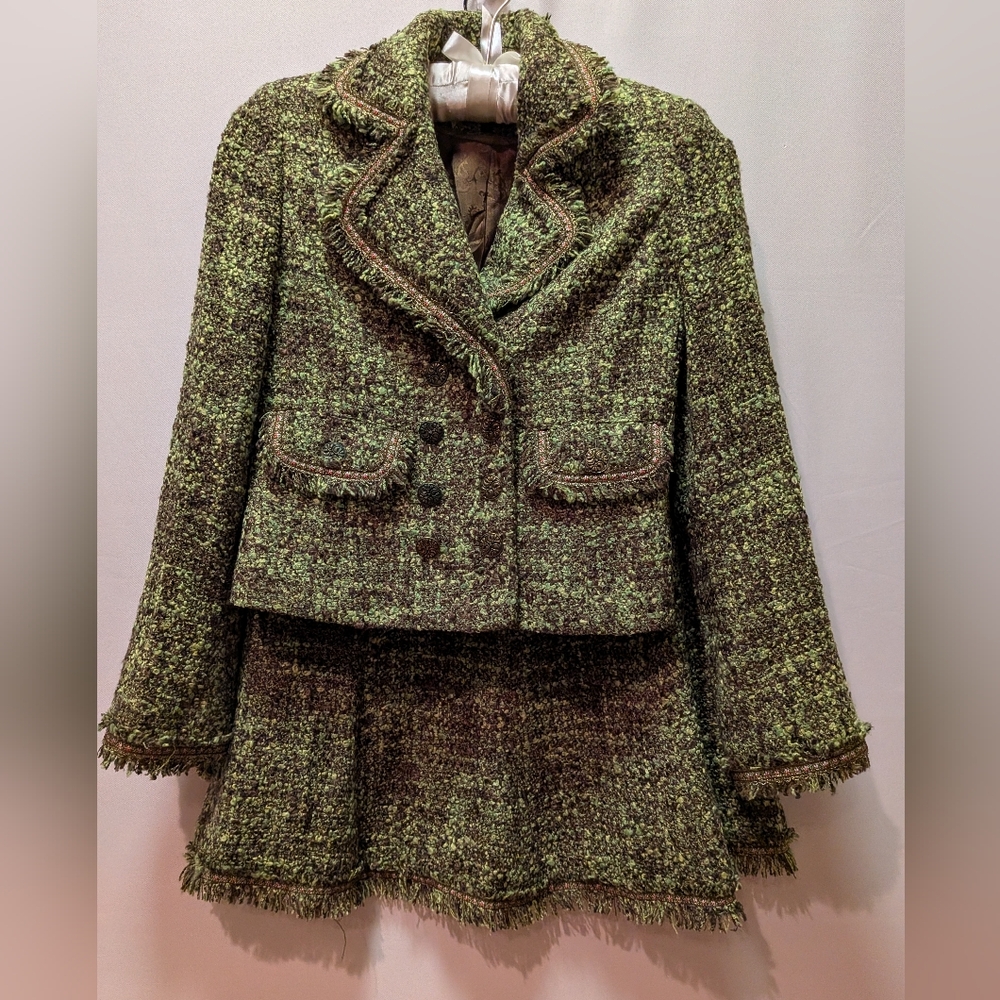 Cynthia Steffe Green Tweed A-Line Skirt Suit